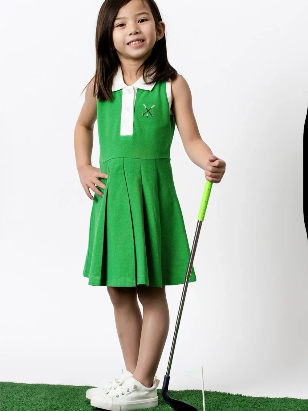 Monica + Andy Girls Green Sleeveless Polo Dress with White Collar